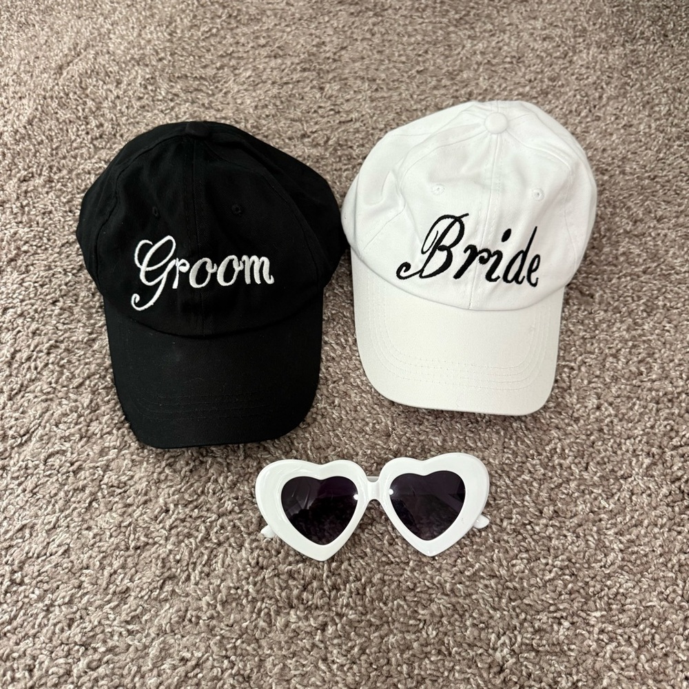 Bride and Groom Hat and Heart Sunglasses